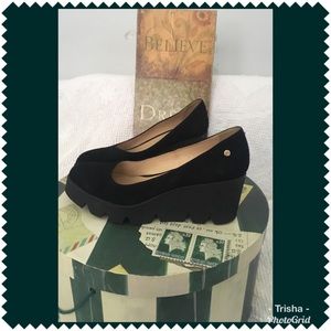 Venezia, Italian black suede wedge heels. Size 38